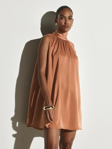 KSTM Halter Neck Satin Mini Shift Dress With Tie Back Detail Sleeveless Gathered Neckline Flowy Swing Silhouette Party Wedding Guest - Brown - View 1
