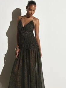 KSTM Paisley Print Dress With V-Neck Fringe Trim Spaghetti Straps Smocked Bodice Flowy Chiffon Skirt Summer Evening - Multicolor - View 2