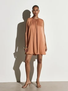 KSTM Halter Neck Satin Mini Shift Dress With Tie Back Detail Sleeveless Gathered Neckline Flowy Swing Silhouette Party Wedding Guest - Brown - View 3