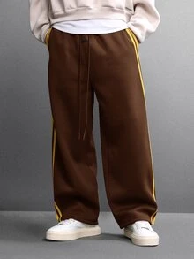 SUMWON Wide Leg Track Pants With Bold Gold Side Stripe Detail Drawstring Waist Full Length Casual Street Style Fall Winter Trouser - Coffee Brown - View 4
