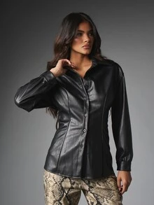 MISSGUIDED Kemeja Berkerah Kancing Depan Kulit Imitasi dengan Lengan Panjang Pas Badan dan Detail Jahitan Siluet Peplum Gaya Musim Gugur/Musim Dingin - Hitam - View 3