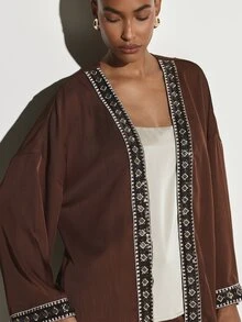 KSTM Jaket Kimono Depan Terbuka dengan Hiasan Bordir Geometris, Lengan Lonceng, Siluet Mengalir, Cocok untuk Acara Musim Gugur dan Musim Dingin - Coffee Brown - View 4