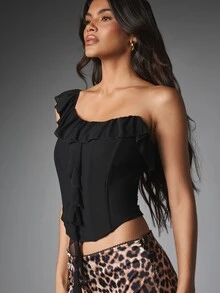 MISSGUIDED Crop Top Korset Berkerut Satu Bahu dengan Trim Chiffon, Panel Tulang Penyangga Terstruktur, Garis Leher Asimetris, Pesta Malam Musim Panas - Hitam - View 1