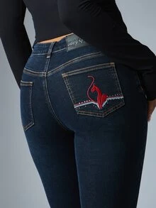 BABYPHAT Dark Wash Cropped Skinny Jeans With Cuffed Hem Mid Rise Five Pocket Denim Capri With Embroidered Logo Detail Spring Summer - Dark Wash - View 5