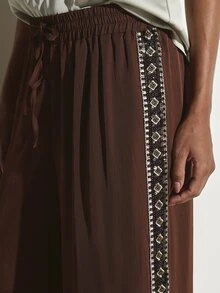 KSTM Celana Panjang Kasual Model Kaki Lebar dengan Bordir Boho di Sisi, Tali Serut, Pinggang Elastis, Celana Palazzo Panjang Penuh - Coklat - View 5