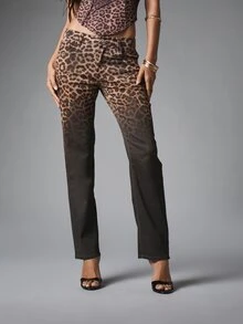 MISSGUIDED Leopard Print Straight Leg Jeans With Ombre Fade Effect Mid Rise Full Length Denim Pants Animal Print Fall Winter Style - Multicolor - View 1