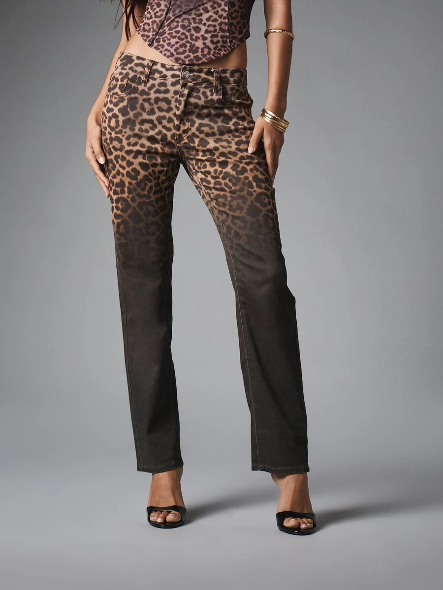 MISSGUIDED Leopard Print Straight Leg Jeans With Ombre Fade Effect Mid Rise Full Length Denim Pants Animal Print Fall Winter Style - Multicolor - View 1
