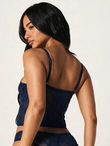 MISSGUIDED Sheer Lace Cami Top With Floral Mesh Fabric, Scallop Trim, Adjustable Straps With Panty Set And Logo Detail - Navy Blue - View 2