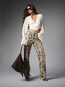 MISSGUIDED High Rise Snake Print Denim Straight Leg Trousers With Side Pockets Full Length Evening Party Style - Multicolor - View 3