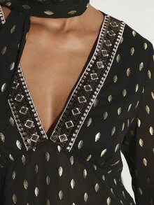 KSTM Boho Chiffon Bell Sleeve Blouse With Gold Foil Print Beaded V-Neck Embellishment And Fringe Hem Detail For Party Holiday - Black - View 6