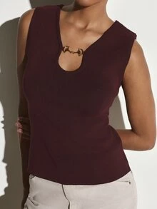 KSTM Ribbed Knit Sleeveless Tank Top With Gold Horsebit Keyhole Cutout Neckline Slim Fit Elegant Fall Winter Top - Burgundy - View 4