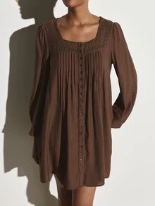 KSTM Gaun Mini Leher Persegi dengan Detail Trim Renda, Lengan Panjang Mengembang, Kancing Depan, Lipatan, Tenun Kerut, Siluet Babydoll - Coffee Brown - View 4