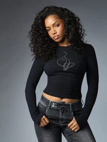 BABYPHAT Black Long Sleeve Crop Top With Rhinestone Cat Outline Chest Graphic Slim Fitted Crew Neck Stretchy Knit Spring Summer Night Out Top - Black - View 1