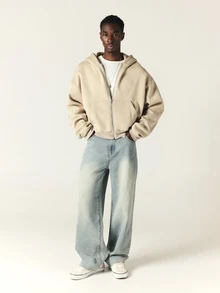 SUMWON Oversized Full-Zip Hoodie With Large Los Angeles Gothic Back Graphic Print Side Pockets Long Sleeve Casual Streetwear - Khaki - View 3