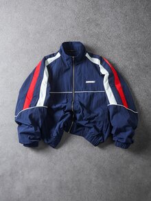 SUMWON Vintage Nylon Track Jacket With Red And White Color Block Panels Elastic Cuffs Zip Pockets And Satin Lining - Navy Blue - View 6