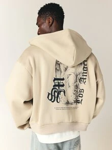SUMWON Oversized Full-Zip Hoodie With Large Los Angeles Gothic Back Graphic Print Side Pockets Long Sleeve Casual Streetwear - Khaki - View 7