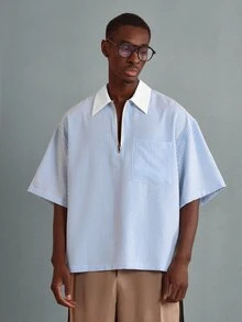 SUMWON Plus Size Boxy Short Sleeve Half Zip Polo Shirt With Contrast White Collar And Chest Pocket Striped Seersucker Summer Top - Blue and White - View 2