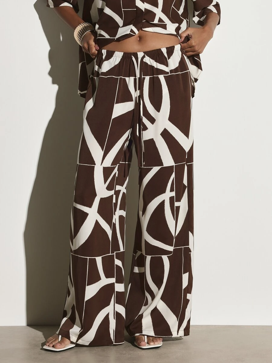 KSTM Wide Leg Abstract Print Full Length Casual Pants With Elastic Drawstring Waist Summer Holiday Vacation Resort Wear - Multicolor - View 1