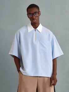 SUMWON Plus Size Boxy Short Sleeve Half Zip Polo Shirt With Contrast White Collar And Chest Pocket Striped Seersucker Summer Top - Blue and White - View 1