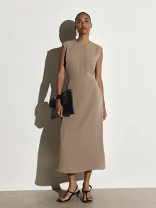 KSTM Sleeveless Cap Sleeve Crew Neck Sheath Midaxi Dress Solid Smooth Woven Structured Silhouette Elegant Midi Length Spring Summer Wedding Guest - Khaki - View 1