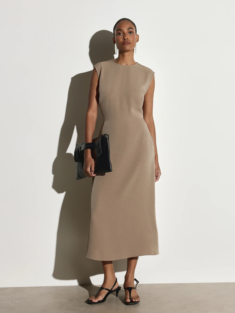 KSTM Sleeveless Cap Sleeve Crew Neck Sheath Midaxi Dress Solid Smooth Woven Structured Silhouette Elegant Midi Length Spring Summer Wedding Guest - Khaki - View 1