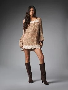 MISSGUIDED Gaun Mini Chiffon Motif Paisley dengan Leher Persegi, Lengan Panjang Mengembang, dan Hiasan Renda di Bagian Bawah, Gaya Boho Shift untuk Musim Semi dan Musim Panas (Festival). - MultiWarna - View 3