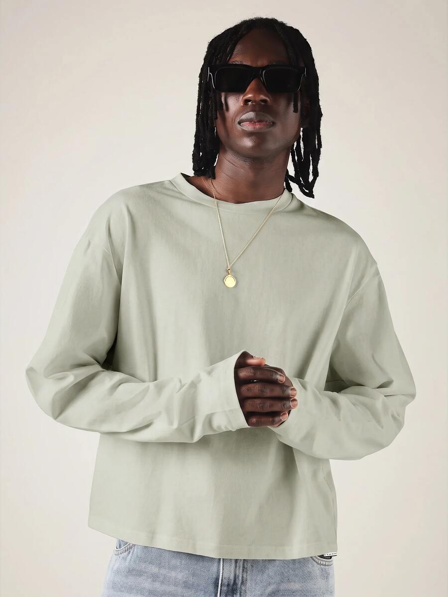 SUMWON Camiseta de manga larga con cuello redondo, corte corto y holgado, hombros caídos, estilo relajado, esencial casual para uso diario en todas las estaciones - Gris - Ver 1