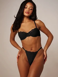 MISSGUIDED Underwired Balconette Bra With Lace Trim And Satin Bow Detail Adjustable Straps Everyday Lingerie Valentine's Day - Black - View 3