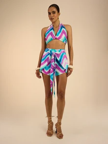 Dancing Leopard Blue And Pink Wrap Tie Front Shorts, Holiday/Vacation Wear - Multicolor - View 3