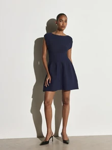 KSTM Knit Mini Dress With Boat Neckline Ribbed Cinched Waist Fit And Flare Silhouette Cap Sleeve Holiday Party - Blue - View 2