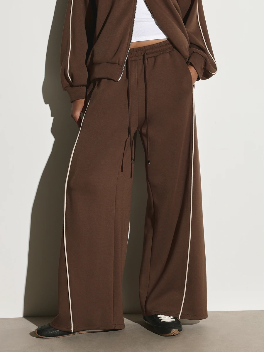 KSTM Wide Leg Jogger Pants With Contrast Piping Side Stripe Drawstring Waist Relaxed Fit Casual Lounge Trousers Fall Winter Essential - Coffee Brown - View 1