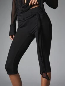 MISSGUIDED High Rise Cropped Leggings With Chic Mesh Wrap Tie Overlay Detail Ruched Waist Slim Fit Capri Style - Black - View 4
