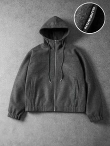 SUMWON Wool Blend Hooded Bomber Jacket With Full Zip Closure Welt Pockets Ribbed Hem And Cuffs Oversized Fit For Fall Winter - Dark Grey - View 1