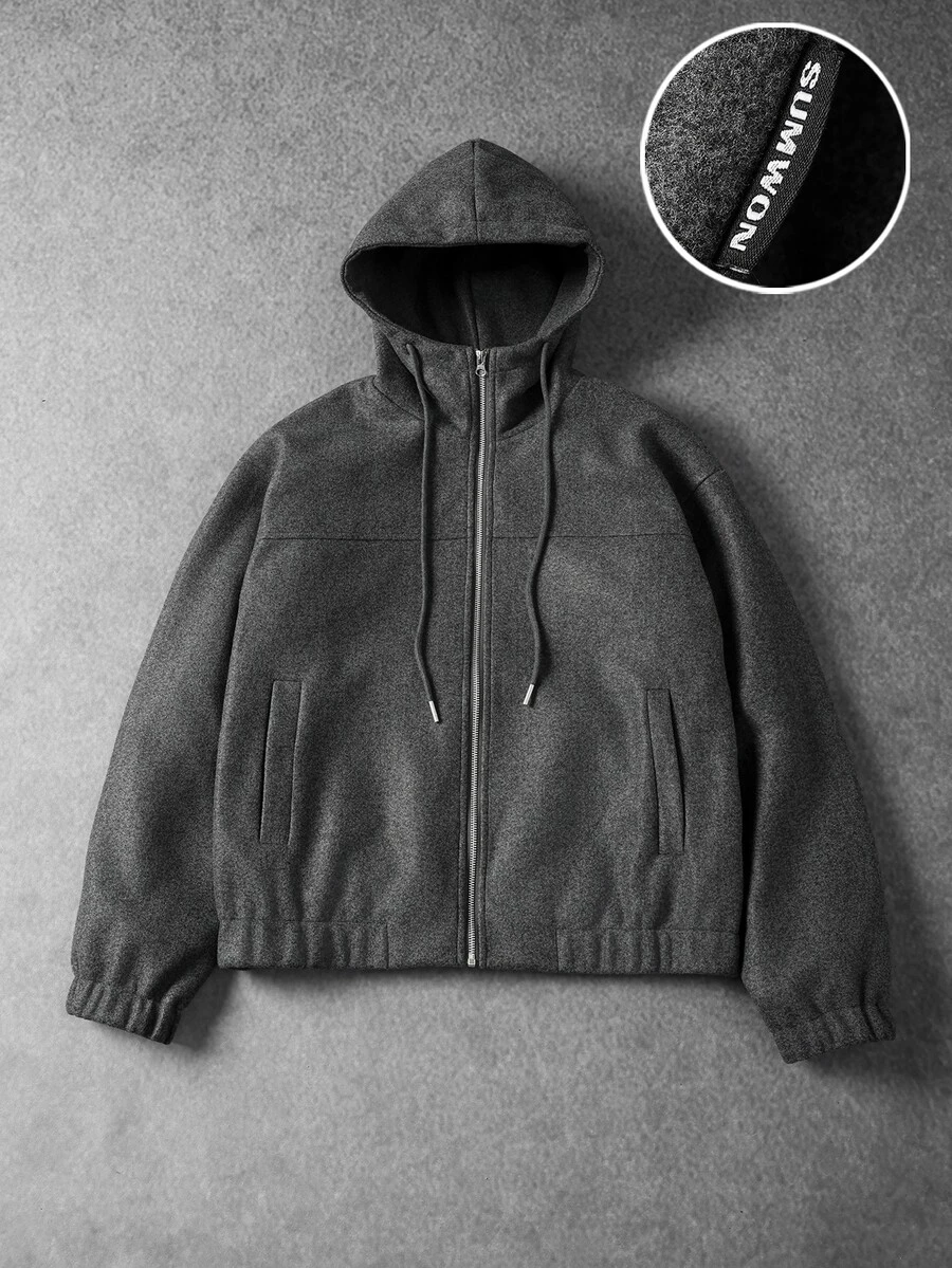 SUMWON Wool Blend Hooded Bomber Jacket With Full Zip Closure Welt Pockets Ribbed Hem And Cuffs Oversized Fit For Fall Winter - Dark Grey - View 1