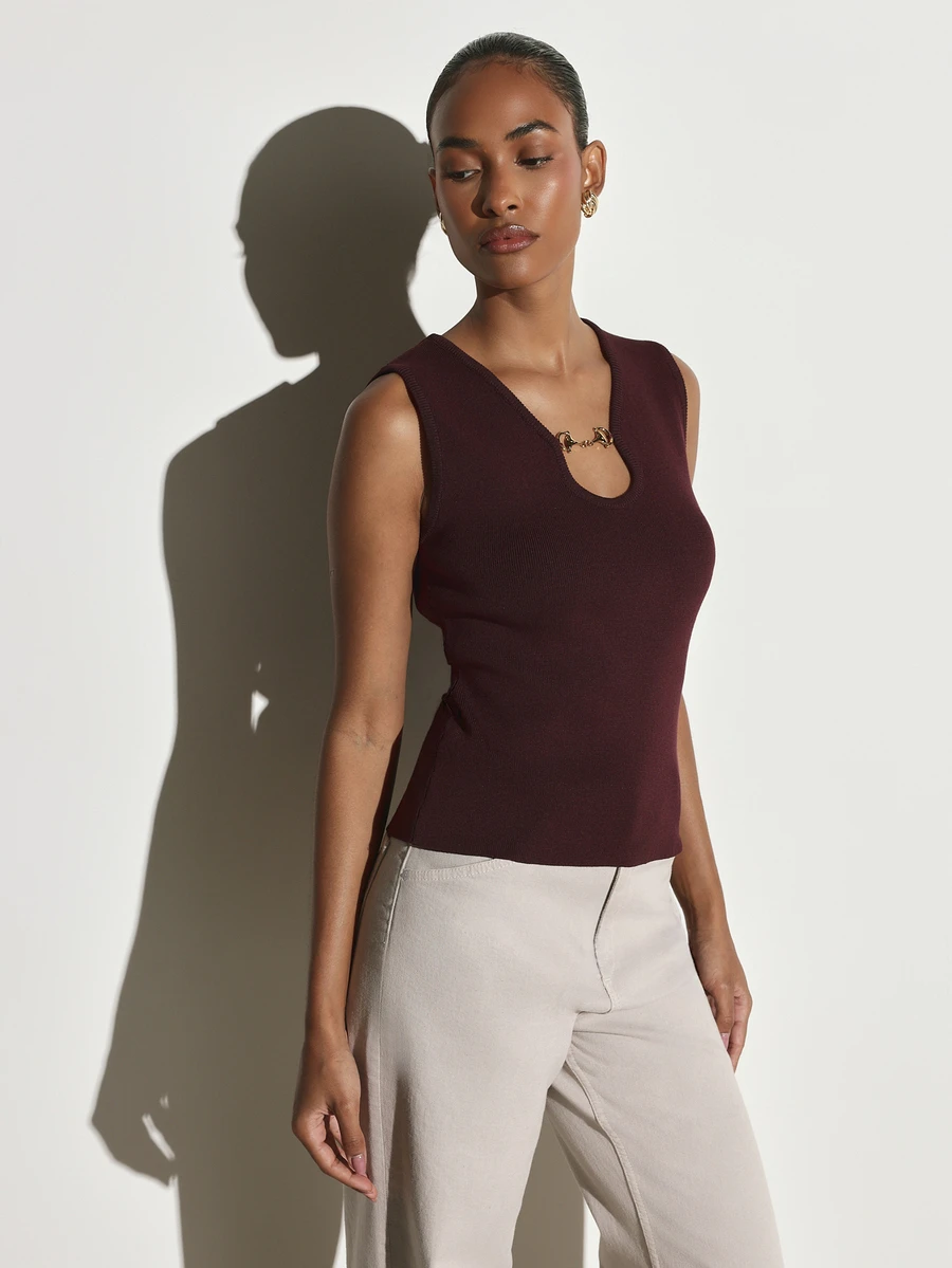 KSTM Ribbed Knit Sleeveless Tank Top With Gold Horsebit Keyhole Cutout Neckline Slim Fit Elegant Fall Winter Top - Burgundy - View 1
