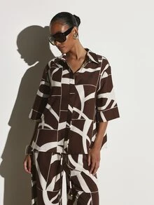 KSTM Abstract Geometric Print Collared Shirt With Elbow Length Boxy Sleeves Oversized Relaxed Fit Button Front Summer Holiday Top - Multicolor - View 3