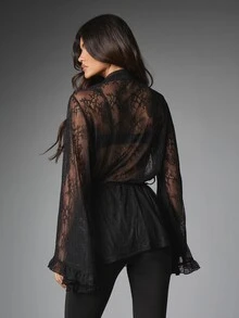 MISSGUIDED Sheer Floral Lace Bell Sleeve Wrap Mini Robe With Tie Waist And Ruffle Hem Perfect For Evening And Holiday Nights - Black - View 2