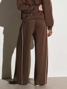 KSTM Wide Leg Jogger Pants With Contrast Piping Side Stripe Drawstring Waist Relaxed Fit Casual Lounge Trousers Fall Winter Essential - Coffee Brown - View 4