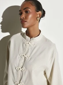 KSTM Boxy Fit Chinese Style Cropped Blouse With Frog Buttons High Neck Bell Sleeves Pinstripe Woven Fabric Spring Summer Top - Apricot - View 4