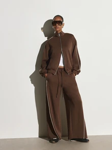 KSTM Wide Leg Jogger Pants With Contrast Piping Side Stripe Drawstring Waist Relaxed Fit Casual Lounge Trousers Fall Winter Essential - Coffee Brown - View 2