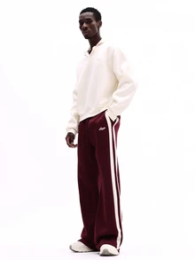 SUMWON Wide Leg Track Pants With Contrast Side Stripes And Script Logo Embroidery Drawstring Waist Fall Winter Casual Style - Red Violet - View 4