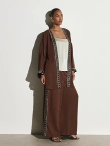 KSTM Jaket Kimono Depan Terbuka dengan Hiasan Bordir Geometris, Lengan Lonceng, Siluet Mengalir, Cocok untuk Acara Musim Gugur dan Musim Dingin - Coffee Brown - View 3
