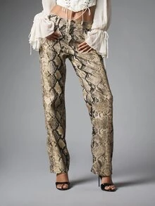 MISSGUIDED High Rise Snake Print Denim Straight Leg Trousers With Side Pockets Full Length Evening Party Style - Multicolor - View 4