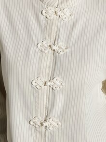 KSTM Boxy Fit Chinese Style Cropped Blouse With Frog Buttons High Neck Bell Sleeves Pinstripe Woven Fabric Spring Summer Top - Apricot - View 6
