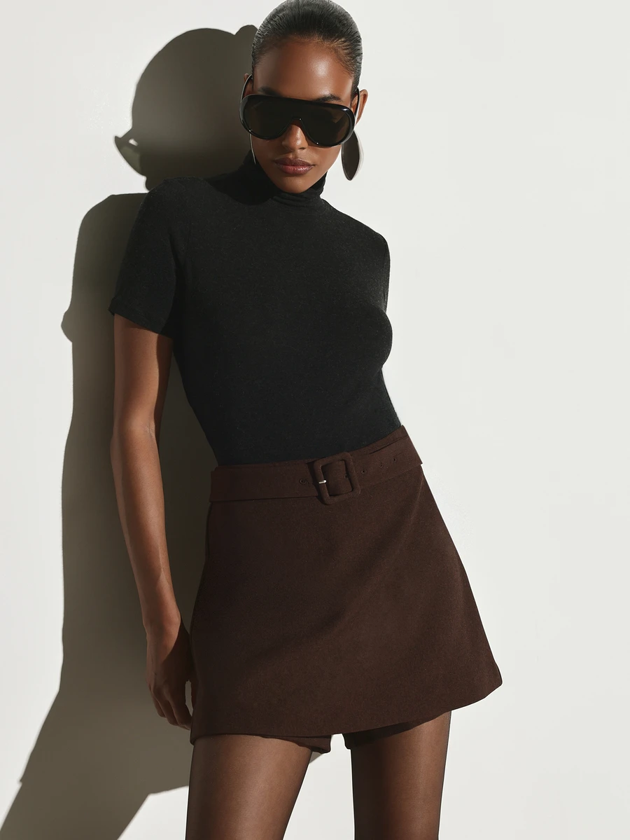 KSTM Chocolate Brown High Rise A-Line Mini Skirt With Self-Fabric Belt Buckle Detail, Fall Winter Wardrobe Essential - Brown - View 1