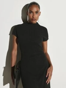KSTM Sleek Stand Collar Cap Sleeve Bodycon Dress With Ruched Waist Detail In Stretch Knit Perfect For Evening And Occasions - Dark Grey - View 4