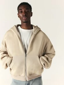 SUMWON Oversized Full-Zip Hoodie With Large Los Angeles Gothic Back Graphic Print Side Pockets Long Sleeve Casual Streetwear - Khaki - View 4