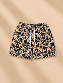 SUMWON Abstract Camo Letter Print Shorts With Elastic Drawstring Waist Mid-Length Summer Beach Holiday Casual Relaxed Fit Shorts - Multicolor - View 1