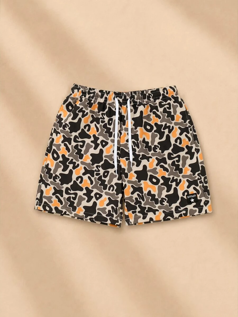 SUMWON Abstract Camo Letter Print Shorts With Elastic Drawstring Waist Mid-Length Summer Beach Holiday Casual Relaxed Fit Shorts - Multicolor - View 1