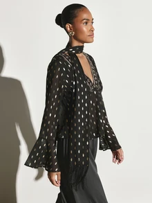KSTM Boho Chiffon Bell Sleeve Blouse With Gold Foil Print Beaded V-Neck Embellishment And Fringe Hem Detail For Party Holiday - Black - View 3